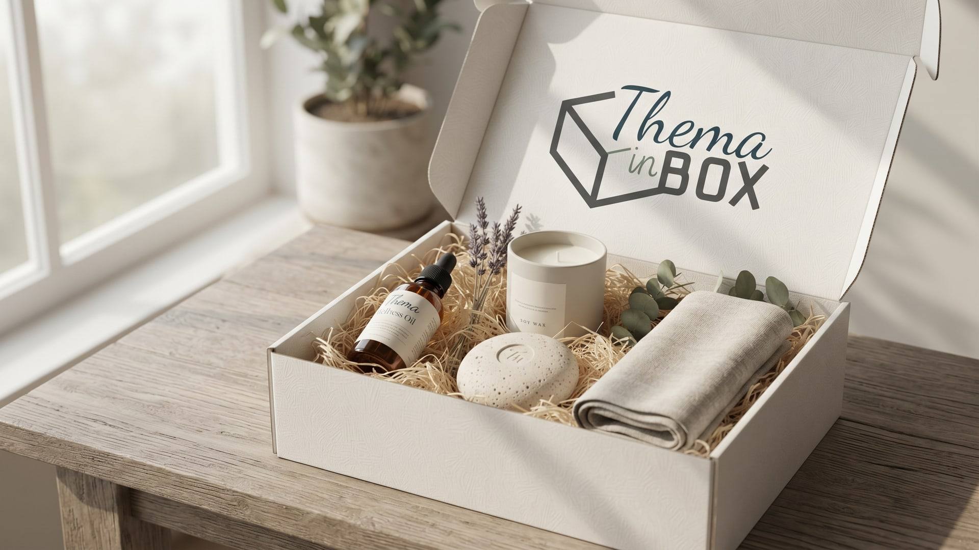 Kit Thema in Box de bem-estar aberto, com óleo essencial, vela de soja, pedra difusora e manta de linho sobre palha