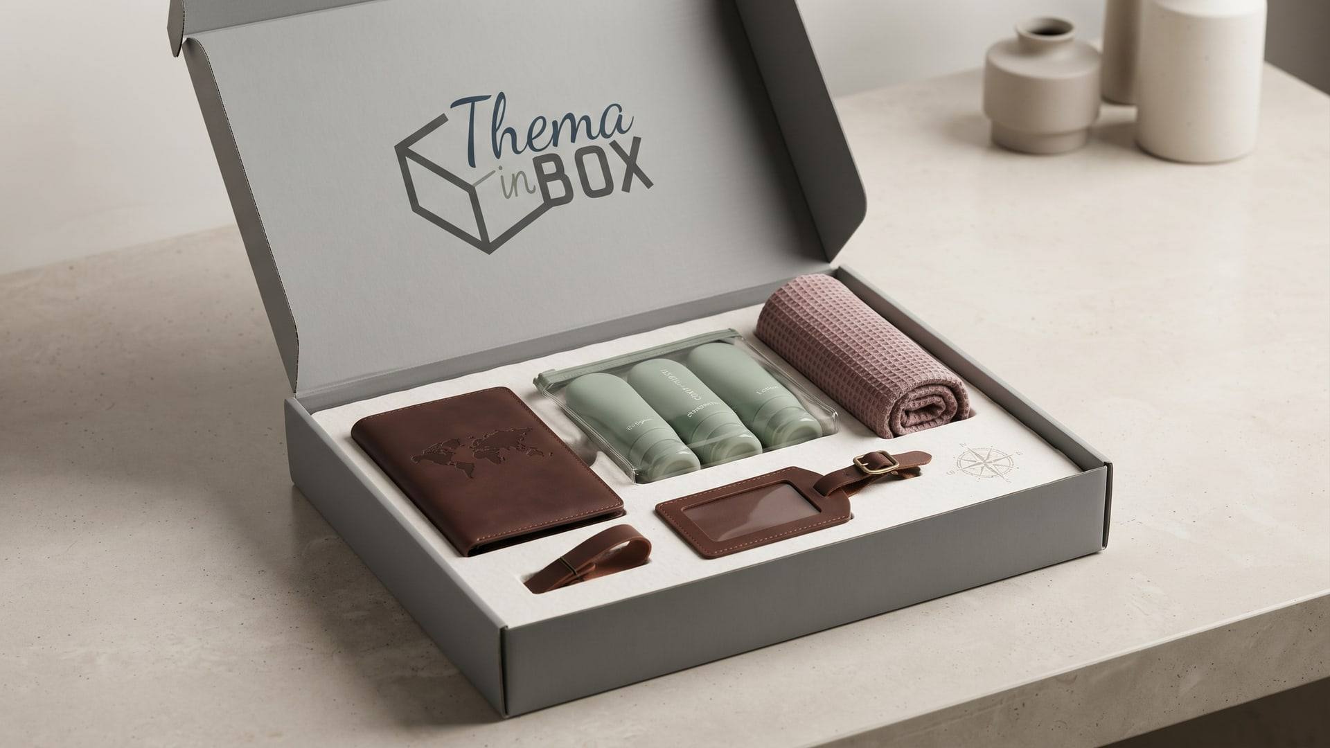 Kit Thema in Box de viagem aberto, com porta-passaporte de couro, necessaire com frascos verdes, toalha e tag de mala